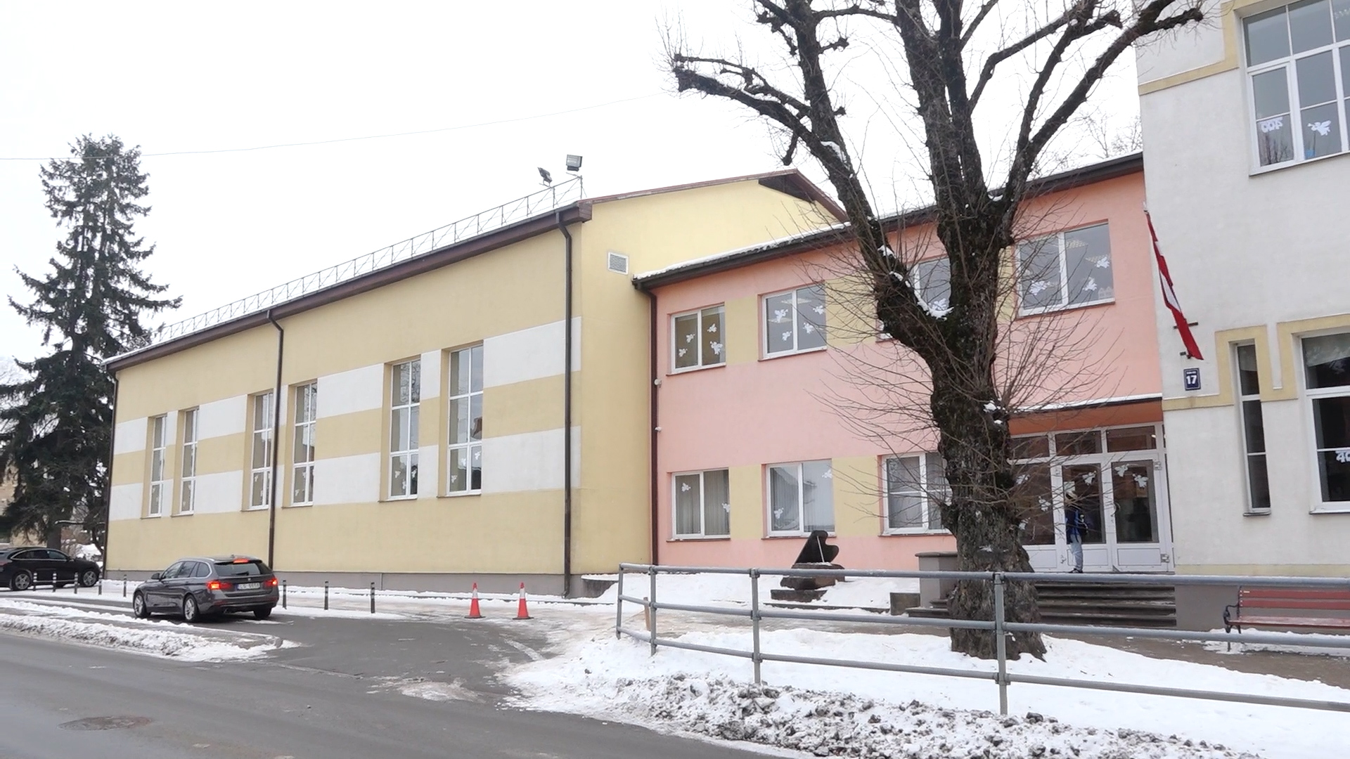 Cēsu 1. pamatskolas ēka ziemā ar dzeltenu un sārtu fasādi, priekšplānā koks bez lapām un sniegs.