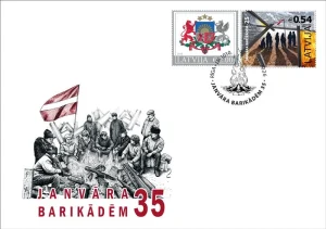 Aploksne ar pastmarkām par godu 1991. gada janvāra barikāžu 35. gadadienai