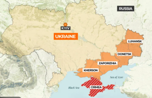 Krievijas okupētās Ukrainas teritorijas – karte ar Doneckas, Luhanskas, Zaporižjas, Hersonas apgabaliem un okupēto Krimu 2025. gadā