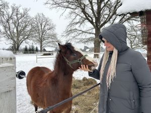Zirgu staļļa “Ūsiņš” saimniece Ieva Navenicka ziemā kopā ar zirgu Jēkabpils novadā.
