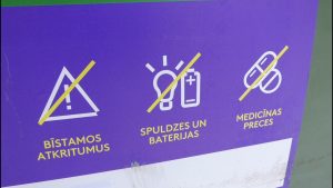 Norādes uz konteinera, kurā aizliegts izmest bīstamos atkritumus, spuldzes, baterijas un medicīnas preces