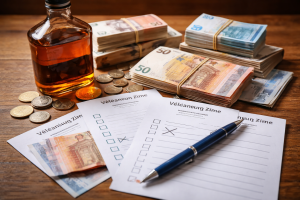 Eiro banknotes un monētas blakus viskija pudelei un vēlēšanu biļeteniem uz koka galda
