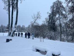 Cilvēku grupa slēpo pa apsnigušu trasi Dagdā; priekšplānā piesnidzis soliņš un koki.