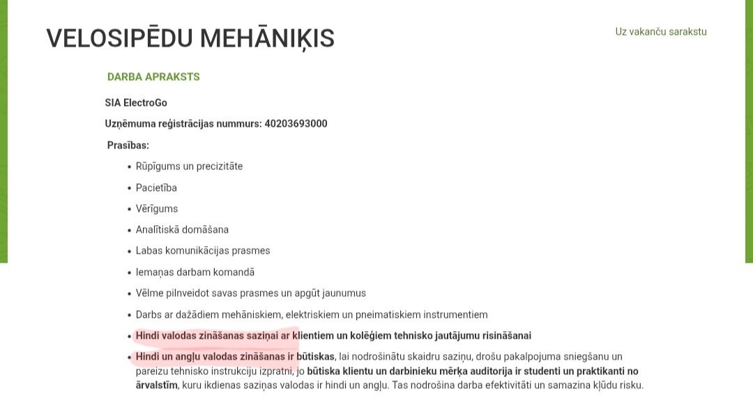 Ekrānšāviņš no darba sludinājuma, kur tiek prasīta hindi valodas zināšanas