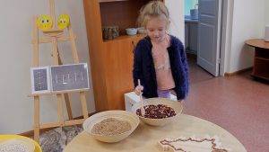Bērns nodarbībā attīsta sīkās motorikas prasmes, darbojoties ar graudiem un pupiņām
