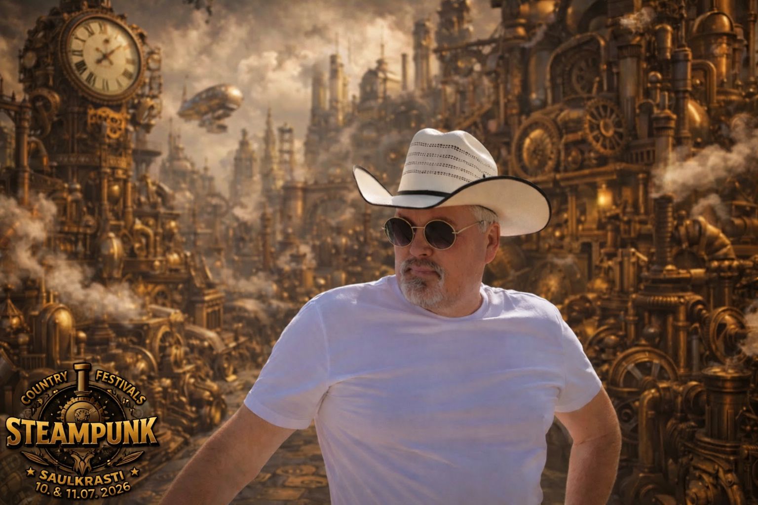 Lauku mūzikas biedrības pārstāvis Mārtiņš Ruža steampunk stilā veidotā pilsētas fonā.