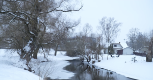 Sniegota upe ar kokiem un mājām ziemas ainavā