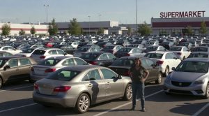 Plašs autostāvlaukums pie lielveikala ar daudzām automašīnām
