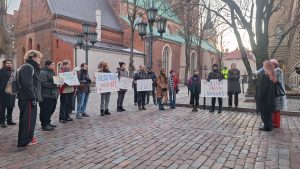 Cilvēki ar plakātiem piedalās piketā pie Saeimas, pieprasot pieejamāku veselības aprūpi.