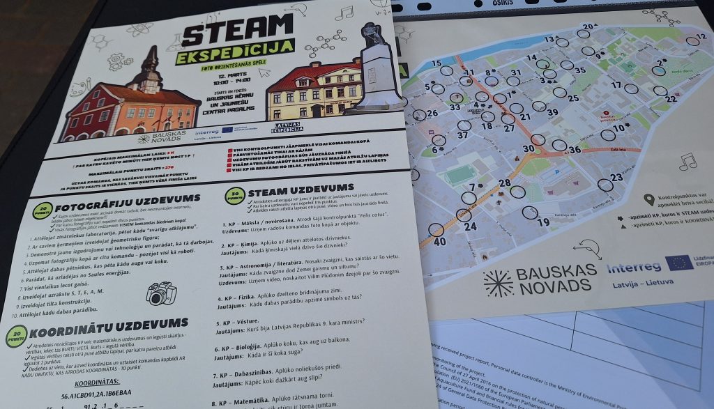 “STEAM ekspedīcijas” uzdevumu lapa un karte ar kontrolpunktiem Bauskā