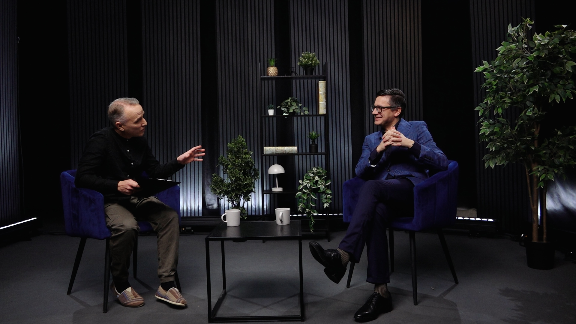 Atis Zviedris intervē Andri Ērgli studijā ar tumšu fonu un augiem