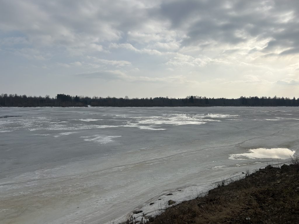 Daugava pie Pļaviņām ar ledus kārtu un zemu ūdens līmeni