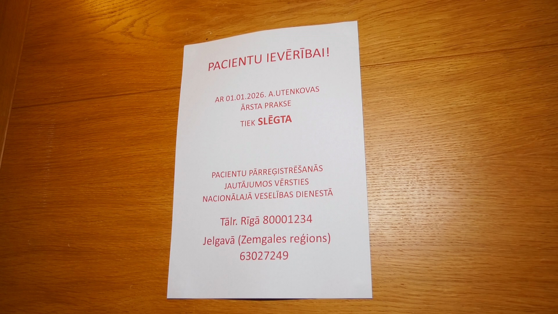 Paziņojums par A. Utenkovas ģimenes ārsta prakses slēgšanu Dobelē no 2026. gada 1. janvāra.