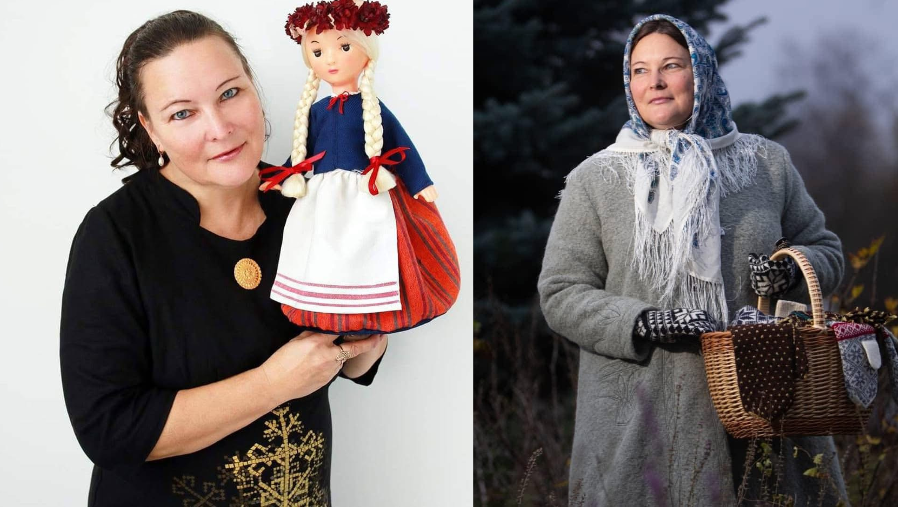 Foto kolāža, pa kreisi Iveta Seimanova tur lelli Latgales tautastērpā, bet pa labi Iveta Seimanova lakatā ar grozu rokās dabā
