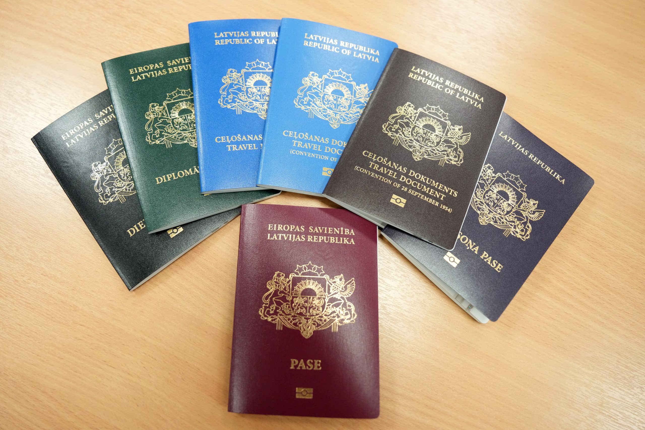 Latvijas Republikas pases un ceļošanas dokumenti uz galda