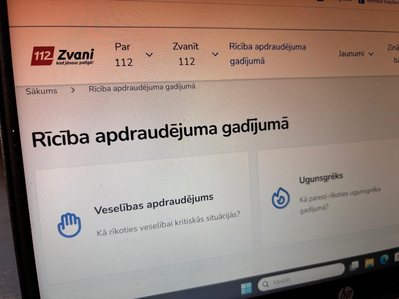 112.lv mājaslapa ar informāciju par rīcību apdraudējuma gadījumā.
