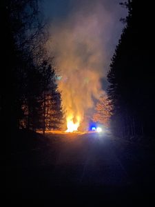 Spēcīgs ugunsgrēks naktī meža tuvumā, redzamas liesmas un dūmi