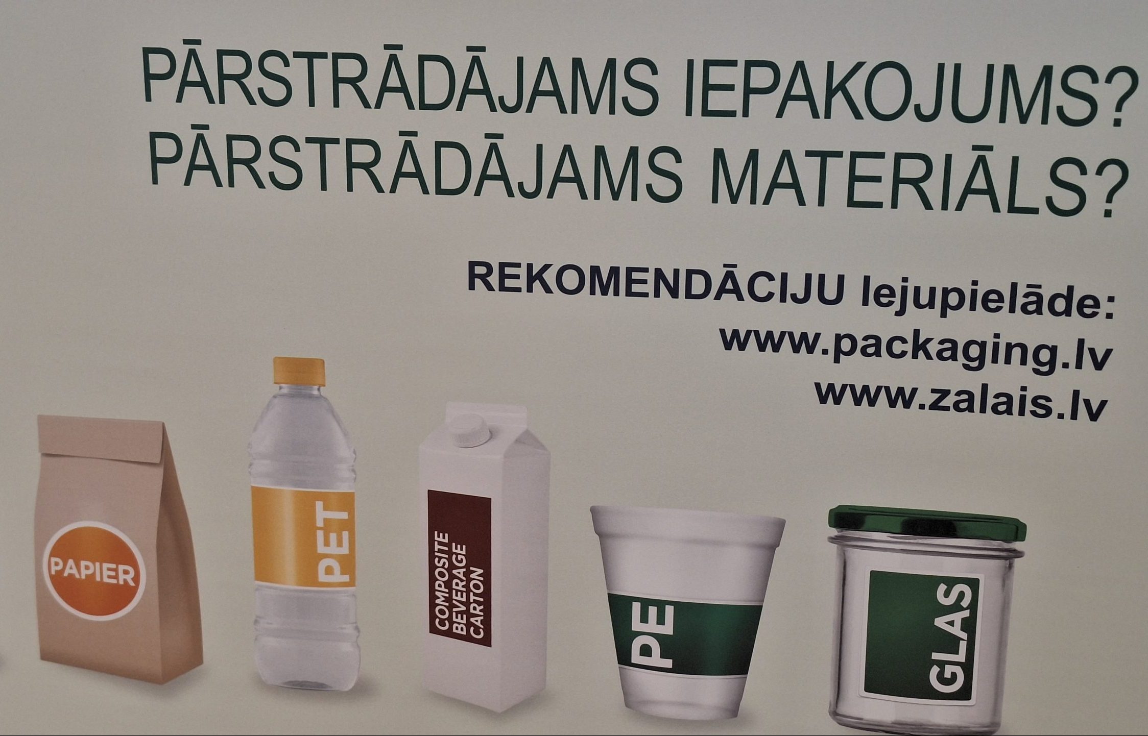Informatīvs plakāts par pārstrādājamu iepakojumu un materiāliem Latvijā
