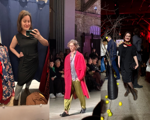 Sieviete melnā kleitā Fashion Week pasākumā Rīgā pēc modes skates, kolāžā redzama arī pielaikošana un modes skate.