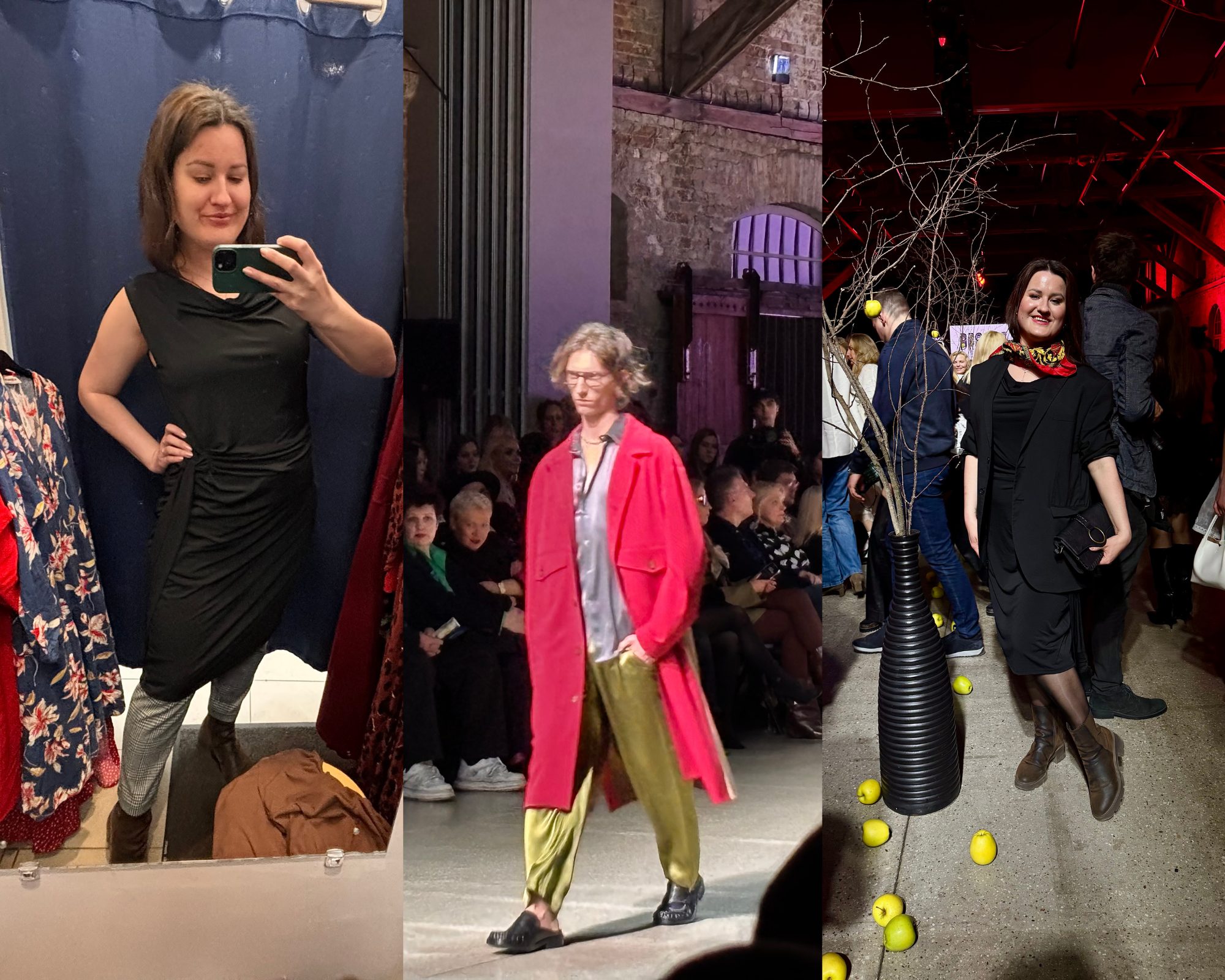 Sieviete melnā kleitā Fashion Week pasākumā Rīgā pēc modes skates, kolāžā redzama arī pielaikošana un modes skate.