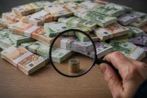 Palielināmais stikls virs monētām un eiro banknotēm