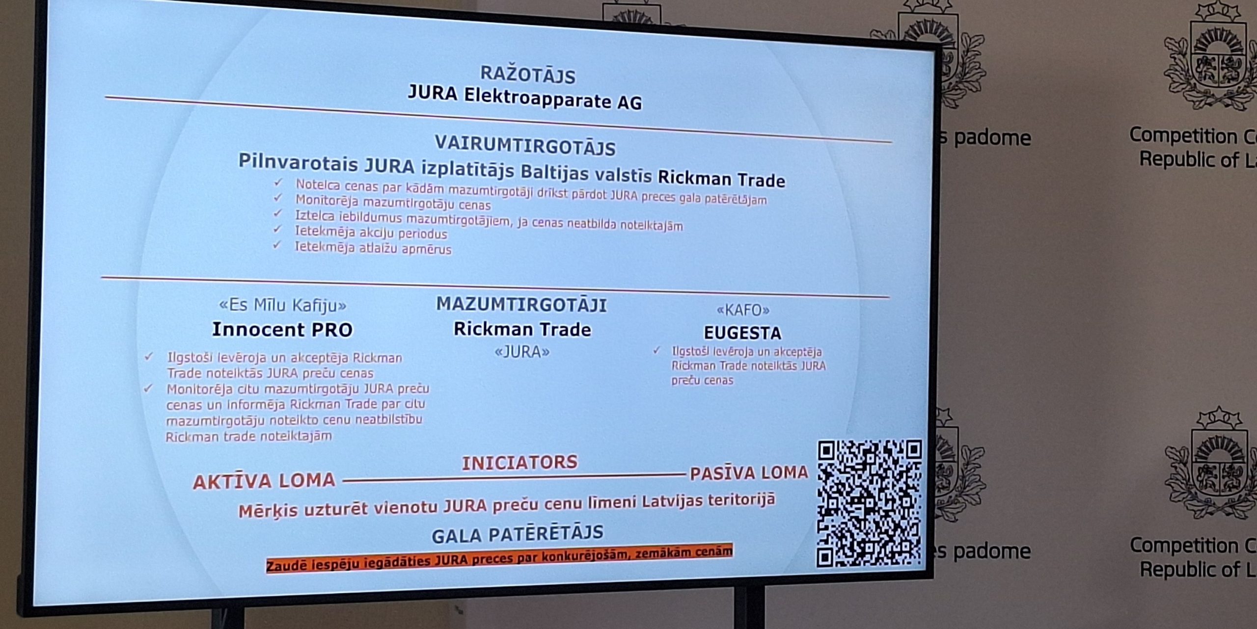 Konkurences padomes prezentācija par “Jura” kafijas automātu cenu saskaņošanas lietu.