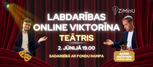 Labdarības online viktorīnas “Teātris” reklāmas plakāts ar diviem vadītājiem un informāciju par pasākumu.