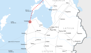 Karte ar plānoto Igaunijas–Latvijas elektrisko starpsavienojumu no Ventspils uz Sāmsalu Igaunijā.