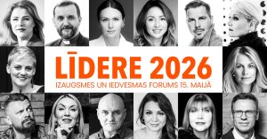 Forums LĪDERE 2026 reklāmas vizuālis ar lektoru portretiem un pasākuma nosaukumu