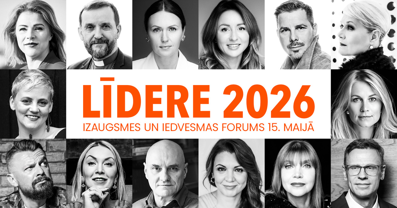 Forums LĪDERE 2026 reklāmas vizuālis ar lektoru portretiem un pasākuma nosaukumu