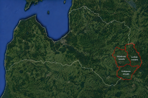 Latvijas karte ar izceltiem Rēzeknes, Ludzas un Krāslavas novadiem.
