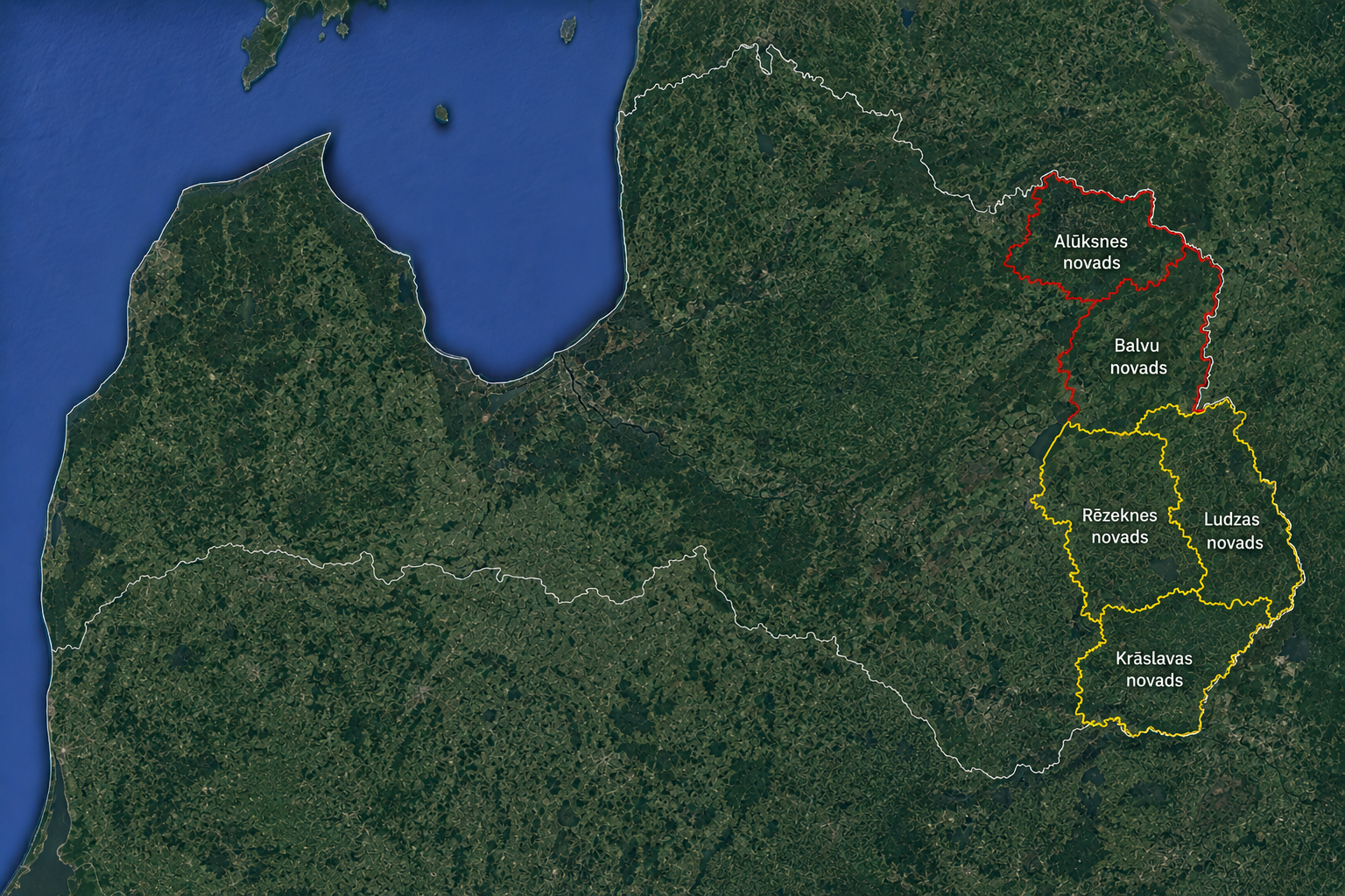 Latvijas karte ar izceltiem pierobežas novadiem austrumu daļā.