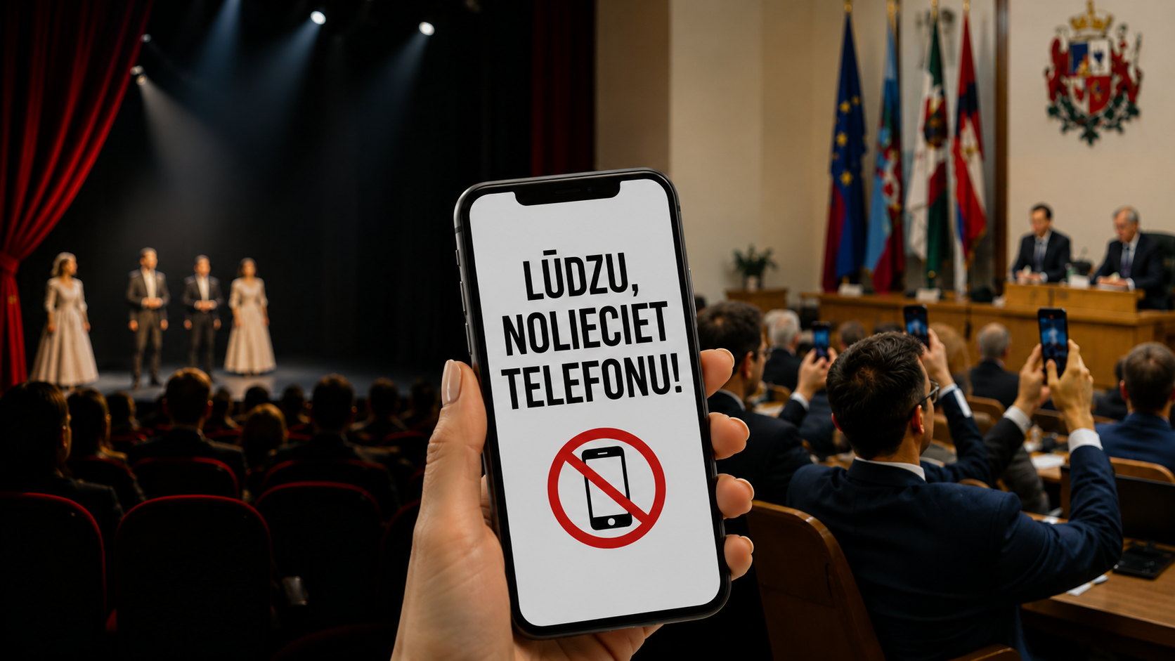 Viedtālruņa ekrānā redzams aicinājums nolikt telefonu publiska pasākuma laikā.