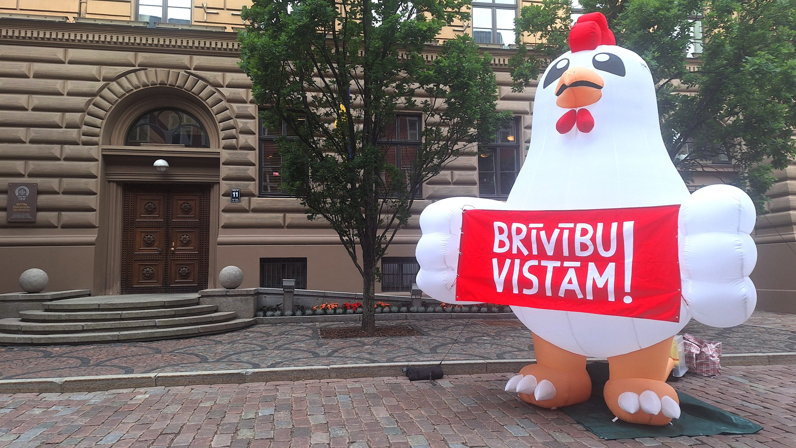 Pie Saeimas novietota liela piepūšama vistas figūra ar uzrakstu “Brīvību vistām!”.