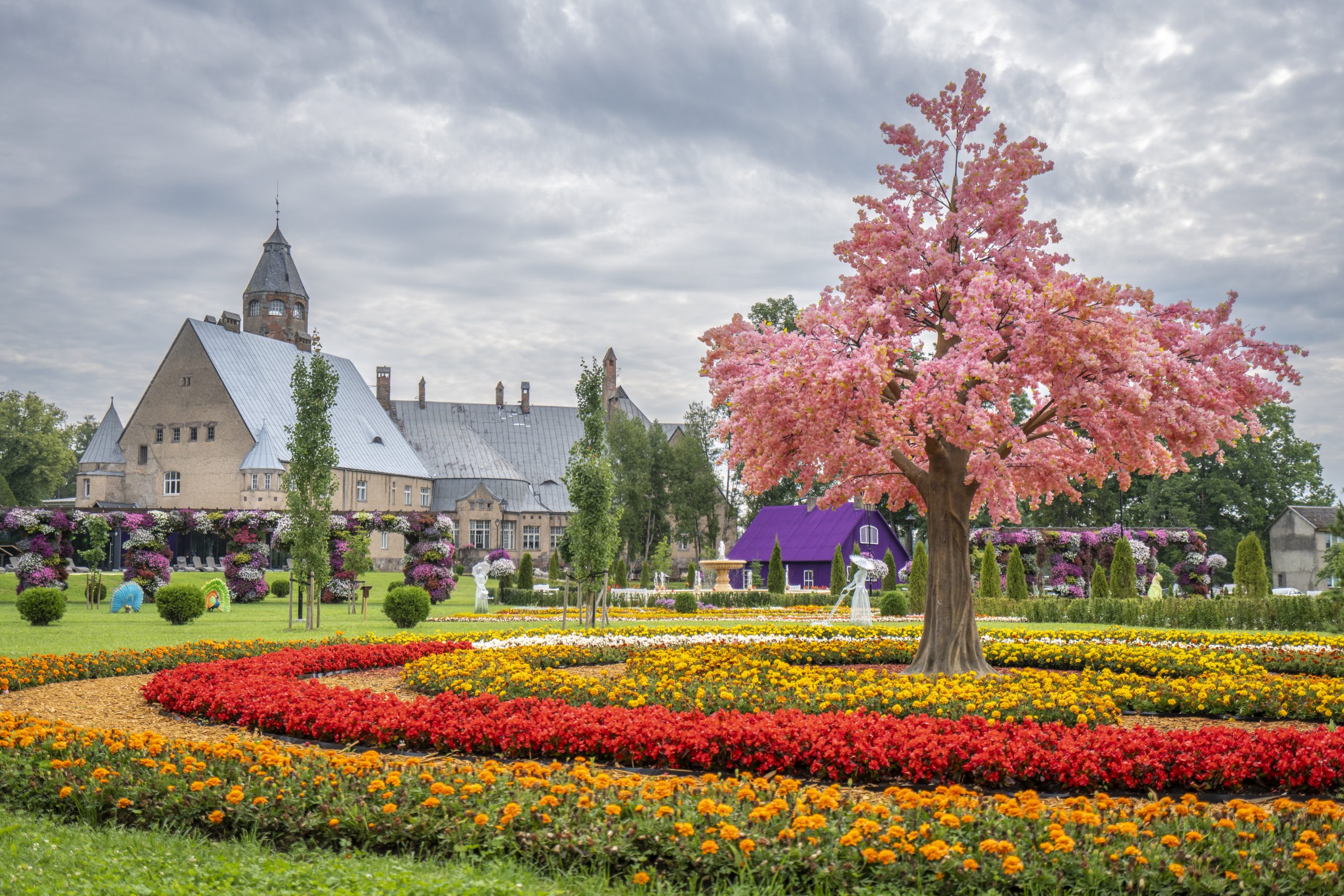 Wagenkull pils parks Dienvidigaunijā ar krāšņām ziedu dobēm, rozā ziedošu koku un vēsturisko pili fonā.