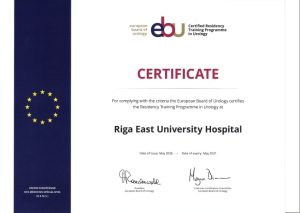 Eiropas Urologu padomes (European Board of Urology) sertifikāts, kas apliecina Rīgas Austrumu klīniskās universitātes slimnīcas uroloģijas rezidentūras programmas atbilstību starptautiskajiem standartiem.