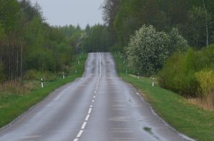 Slidens autoceļš ar mitru asfalta segumu lauku apvidū