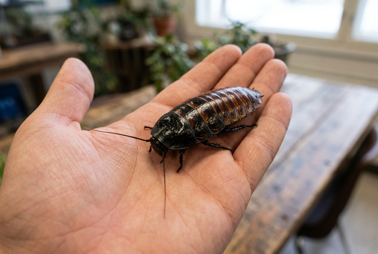Madagaskaras šņācējprusaks turēts cilvēka plaukstā telpās.