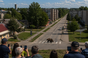 Brūnais lācis šķērso gājēju pāreju pilsētas ielā, kamēr cilvēki to vēro un fotografē.