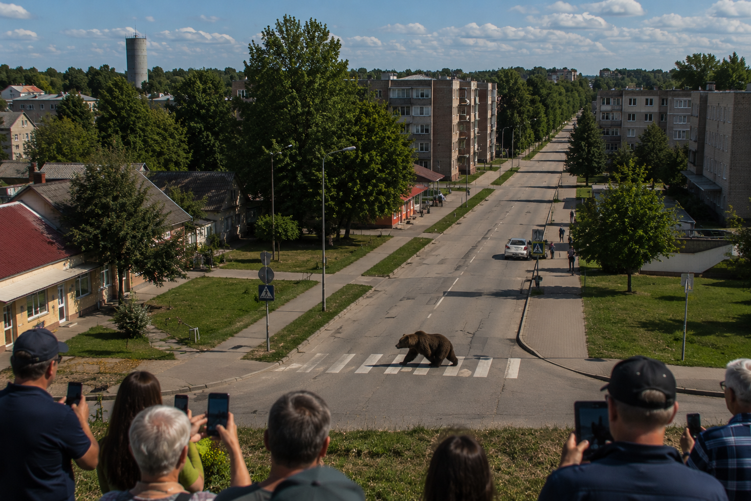 Brūnais lācis šķērso gājēju pāreju pilsētas ielā, kamēr cilvēki to vēro un fotografē.