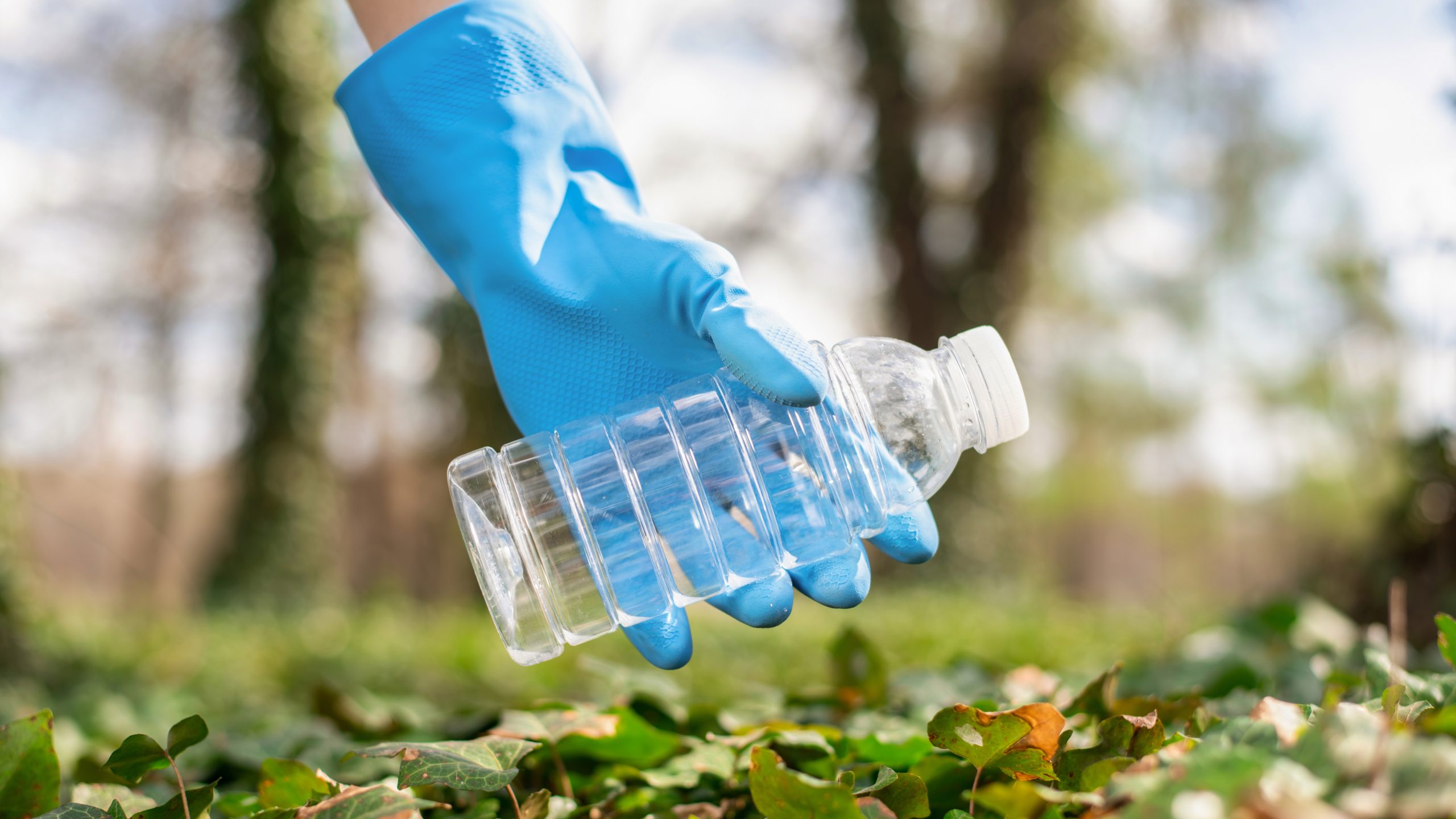 Roka aizsargcimdā paceļ plastmasas pudeli no zemes dabas teritorijā.