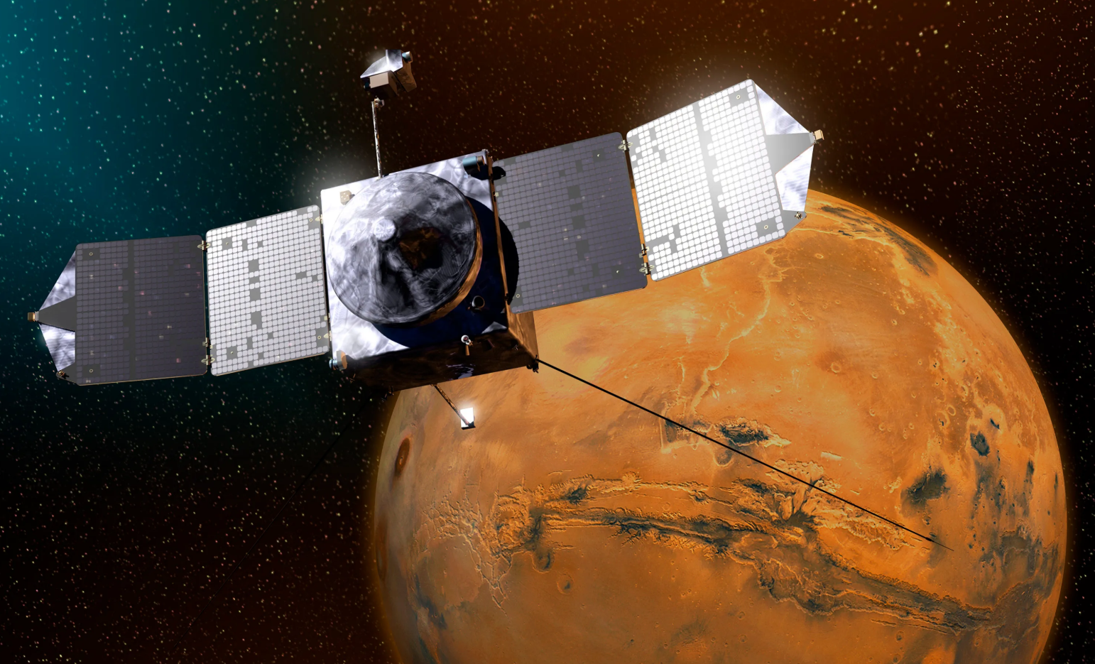 Māksliniecisks attēls ar NASA Marsa zondi MAVEN orbītā ap Marsu.