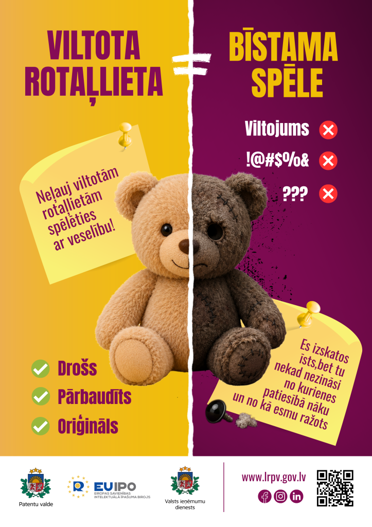 Infografika brīdina par veselības riskiem, ko bērniem var radīt viltotas rotaļlietas.