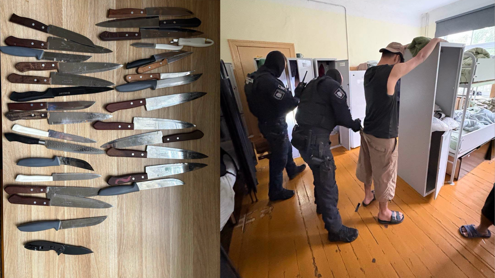 Valsts policijas pārbaudē izņemtie naži un likumsargi patvēruma meklētāju izmitināšanas centrā.