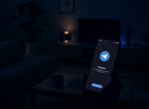 Viedtālrunis ar atvērtu lietotni "Telegram" tumšā viesistabā vakara apgaismojumā.
