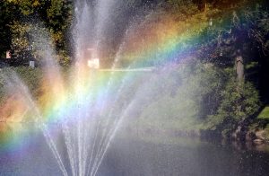 Strūklaka parkā saules gaismā veido spilgtu varavīksni.