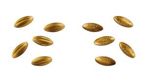 Piecas sēkliņas formas zelta kolekcijas monētas ar aversu un reversu uz balta fona.
