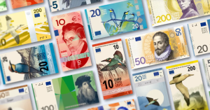 Dažādi nākotnes eiro banknošu dizaina priekšlikumi ar kultūras personībām un putniem.