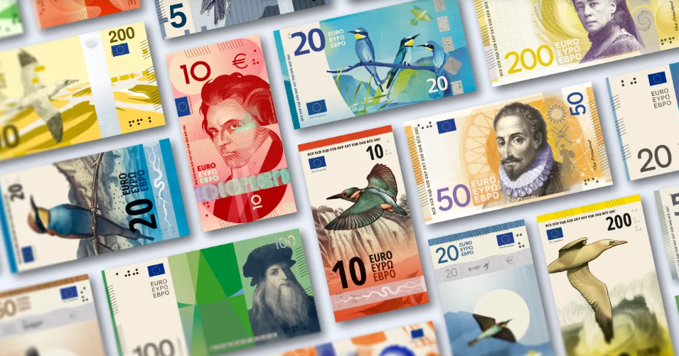 Dažādi nākotnes eiro banknošu dizaina priekšlikumi ar kultūras personībām un putniem.