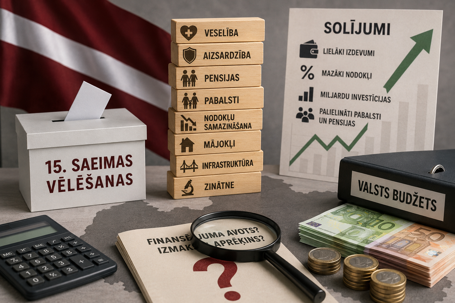 Ilustratīvs attēls par 15. Saeimas vēlēšanām, partiju solījumiem un valsts budžeta iespējām.